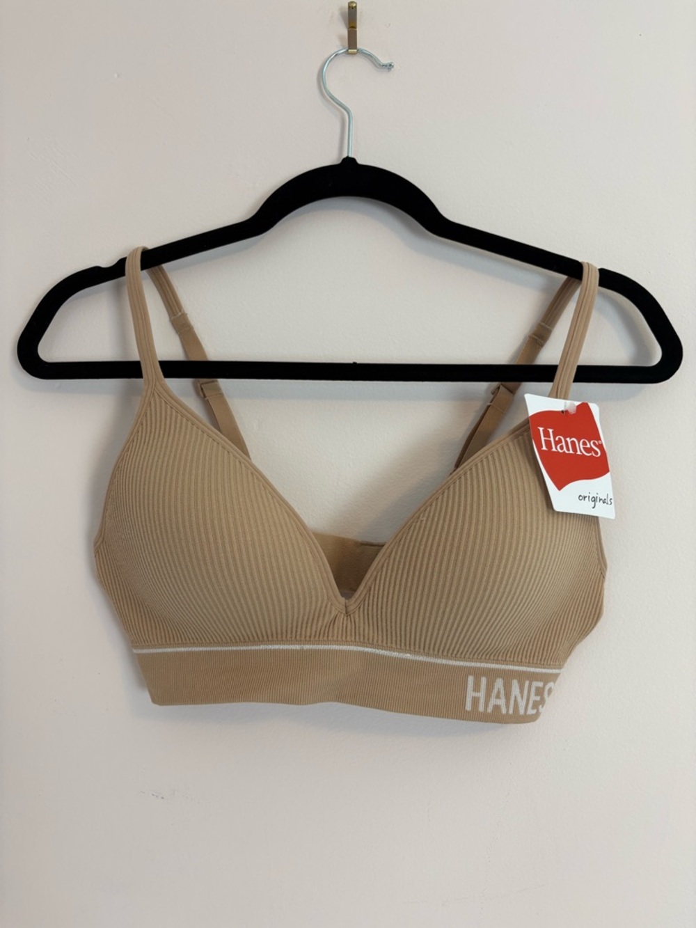 Hanes Ribbed Wireless Bralette in Tan